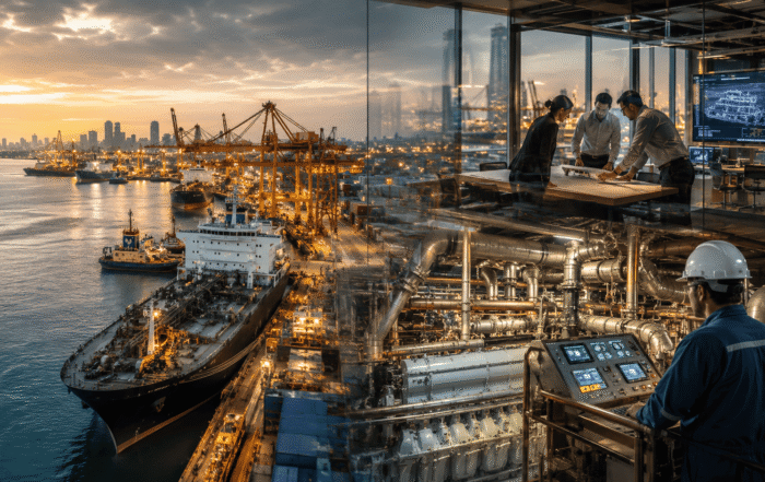 Publicidad para empresas navales con puerto industrial, oficina de ingeniería y sistemas técnicos de un buque