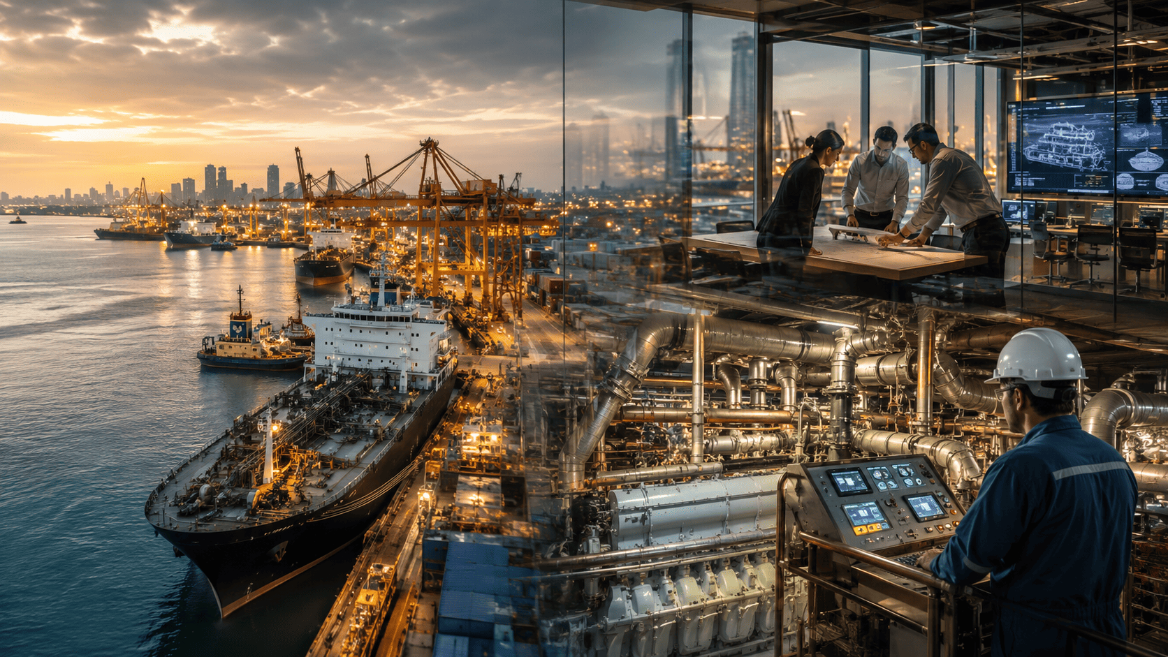 Publicidad para empresas navales con puerto industrial, oficina de ingeniería y sistemas técnicos de un buque