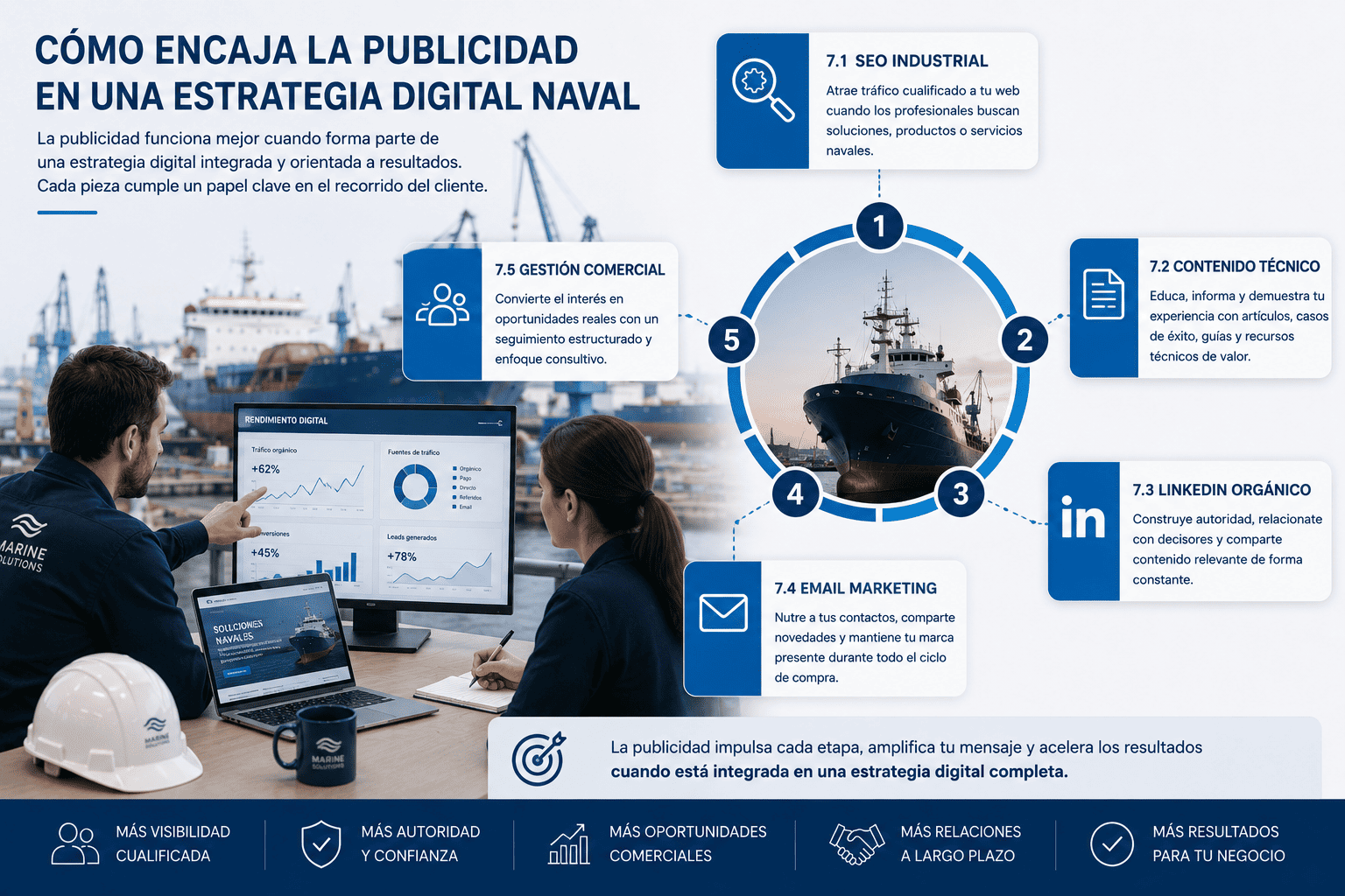 Publicidad B2B para Empresas del Sector Naval: Cómo Llegar a Decisores y Generar Leads de Calidad 11 Infografía sobre cómo integrar publicidad, SEO industrial, contenido técnico, LinkedIn, email marketing y gestión comercial en una estrategia digital naval