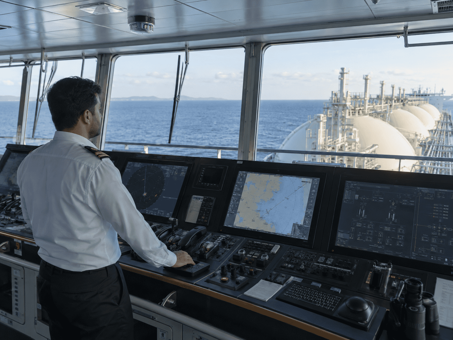 Oficial supervisando la operación de un buque LNG desde el puente de mando