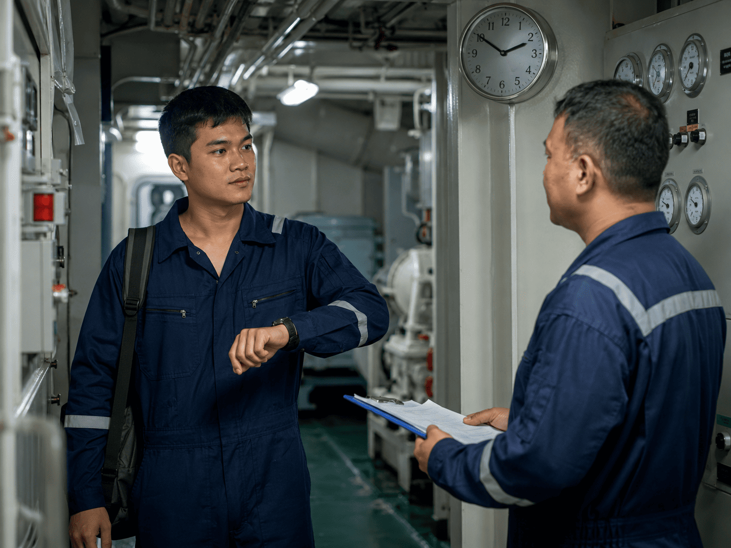 Nuevo marino llegando puntual al relevo de guardia en la sala de m&aacute;quinas durante su primer embarque.