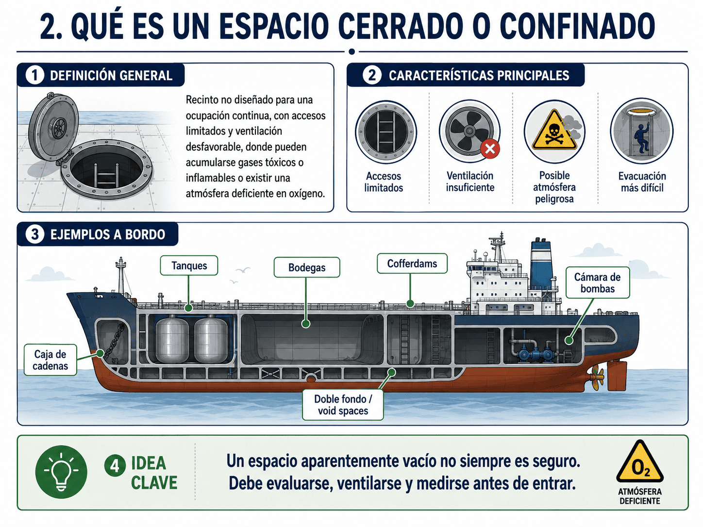 Espacios Cerrados o Confinados en Buques: Riesgos, Entrada Segura, Equipos y Normativa 8 Infografía Qué es un espacio cerrado o confinado a bordo de un buque y ejemplos habituales como tanques, bodegas, cofferdams y cámaras de bombas
