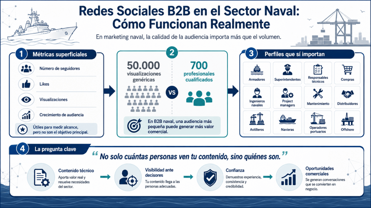 Redes Sociales para Empresas Marítimas: Estrategia de Marketing para el Sector Naval 7 Infografía sobre cómo funcionan las redes sociales B2B en el sector naval