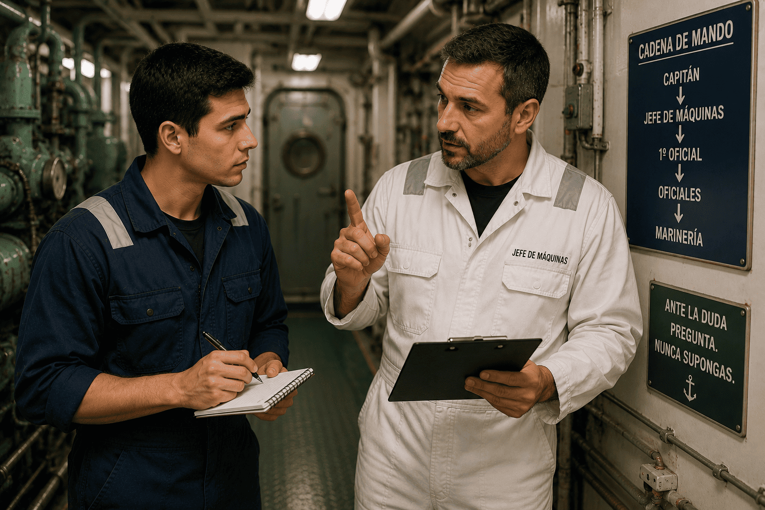Nuevo marino recibiendo indicaciones del jefe de m&aacute;quinas sobre la cadena de mando a bordo.