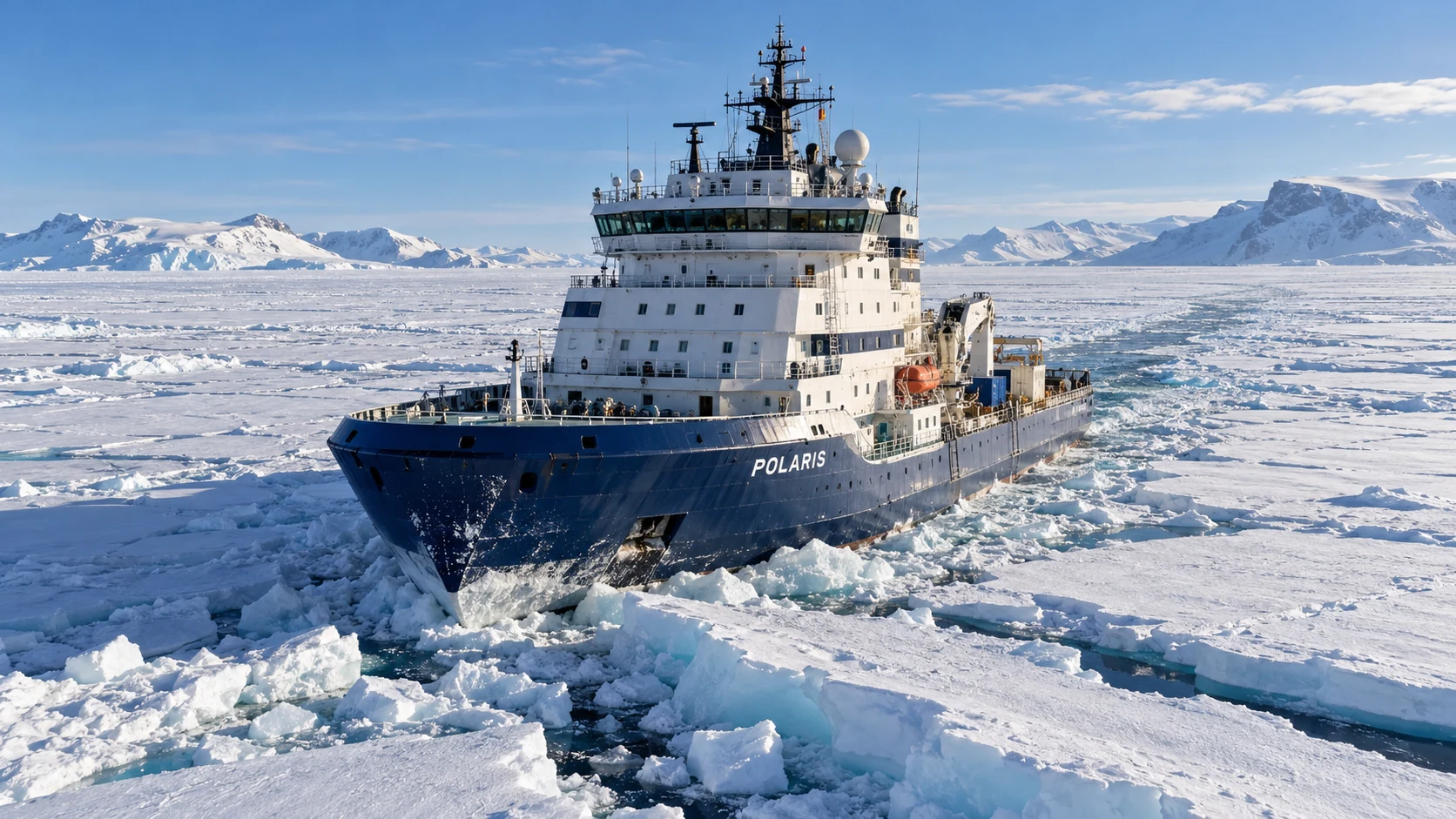 Ingeniero Marino 11 Rompehielos en el Ártico navegando entre placas de hielo, ilustrando la estrategia europea para reforzar las rutas marítimas polares.