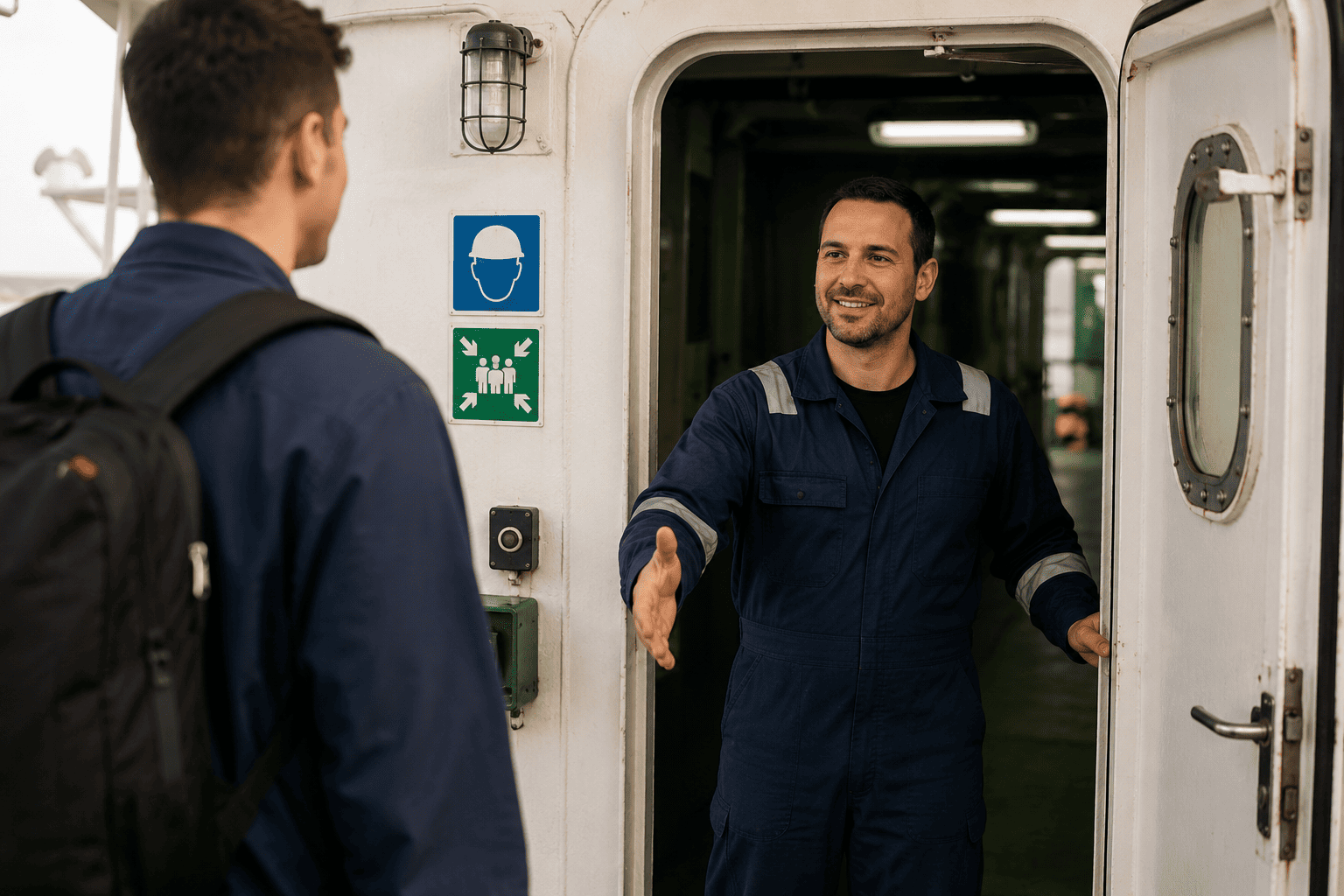 Nuevo marino siendo recibido a bordo por un tripulante durante su primer embarque.