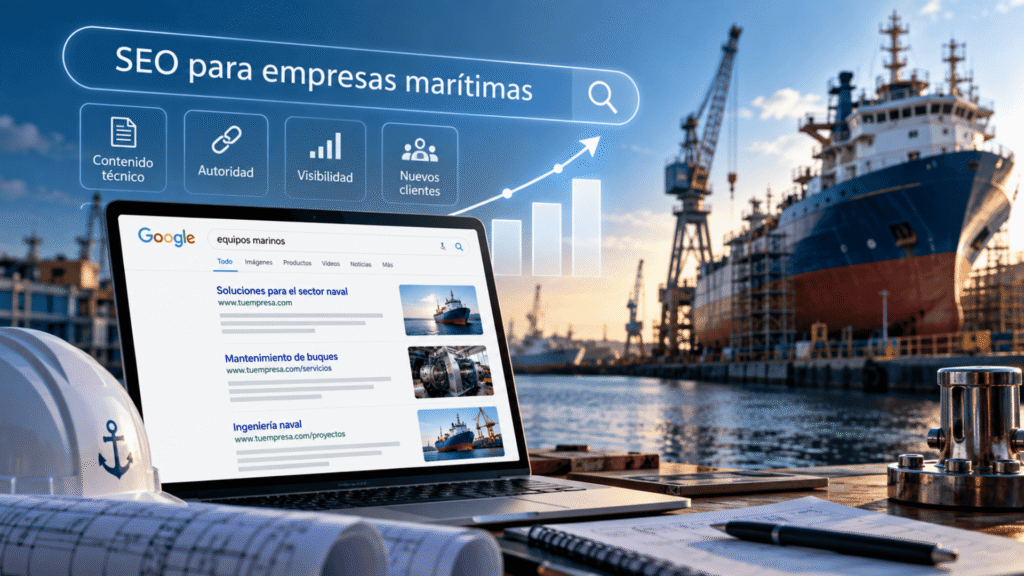 SEO para empresas marítimas con búsqueda de servicios navales en Google y entorno de astillero