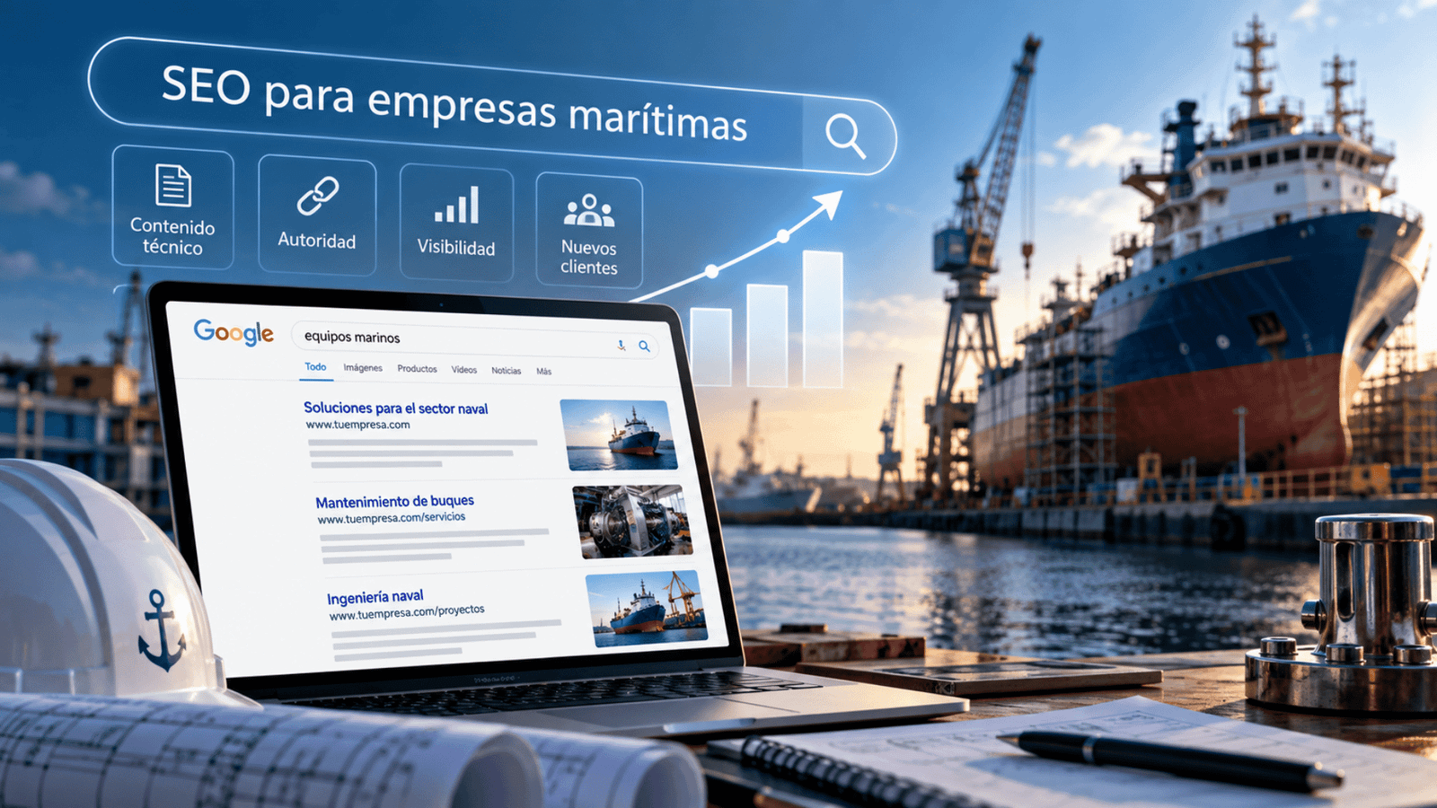SEO para empresas marítimas con búsqueda de servicios navales en Google y entorno de astillero