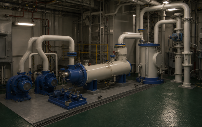 Innovaciones en Sistemas de Gas Inerte en sala de máquinas de un buque tanque, con tuberías blancas, bombas azules e intercambiador de calor
