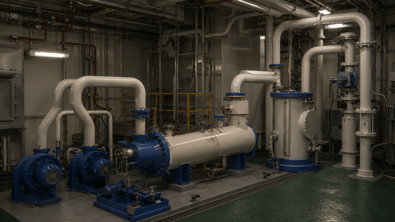 Ingeniero Marino 9 Innovaciones en Sistemas de Gas Inerte en sala de máquinas de un buque tanque, con tuberías blancas, bombas azules e intercambiador de calor