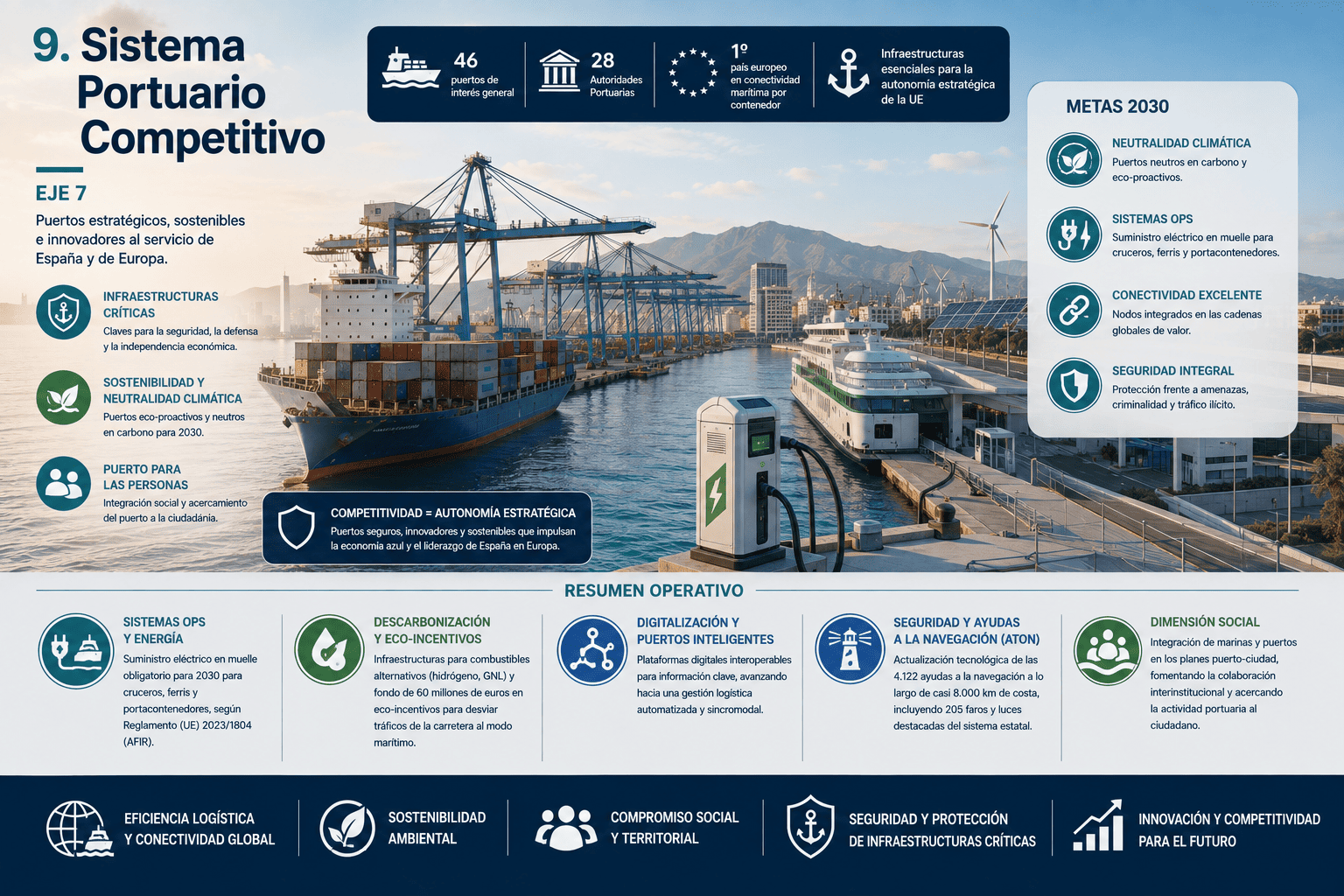 Análisis de la Estrategia Marítima de España 2025-2050: Amenazas y Claves para el Futuro del Sector 14 Infografía sobre Sistema portuario competitivo en España: conectividad marítima, sistemas OPS, descarbonización, digitalización, seguridad, eco-incentivos e integración puerto-ciudad.