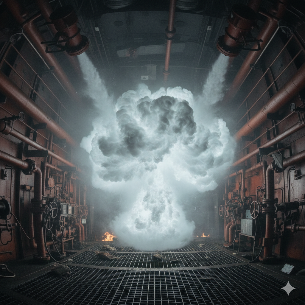 Activación de sistema de inundación fija por CO2 en sala de máquinas, mostrando la descarga del agente extintor para la sofocación del incendio y desplazamiento del oxígeno.