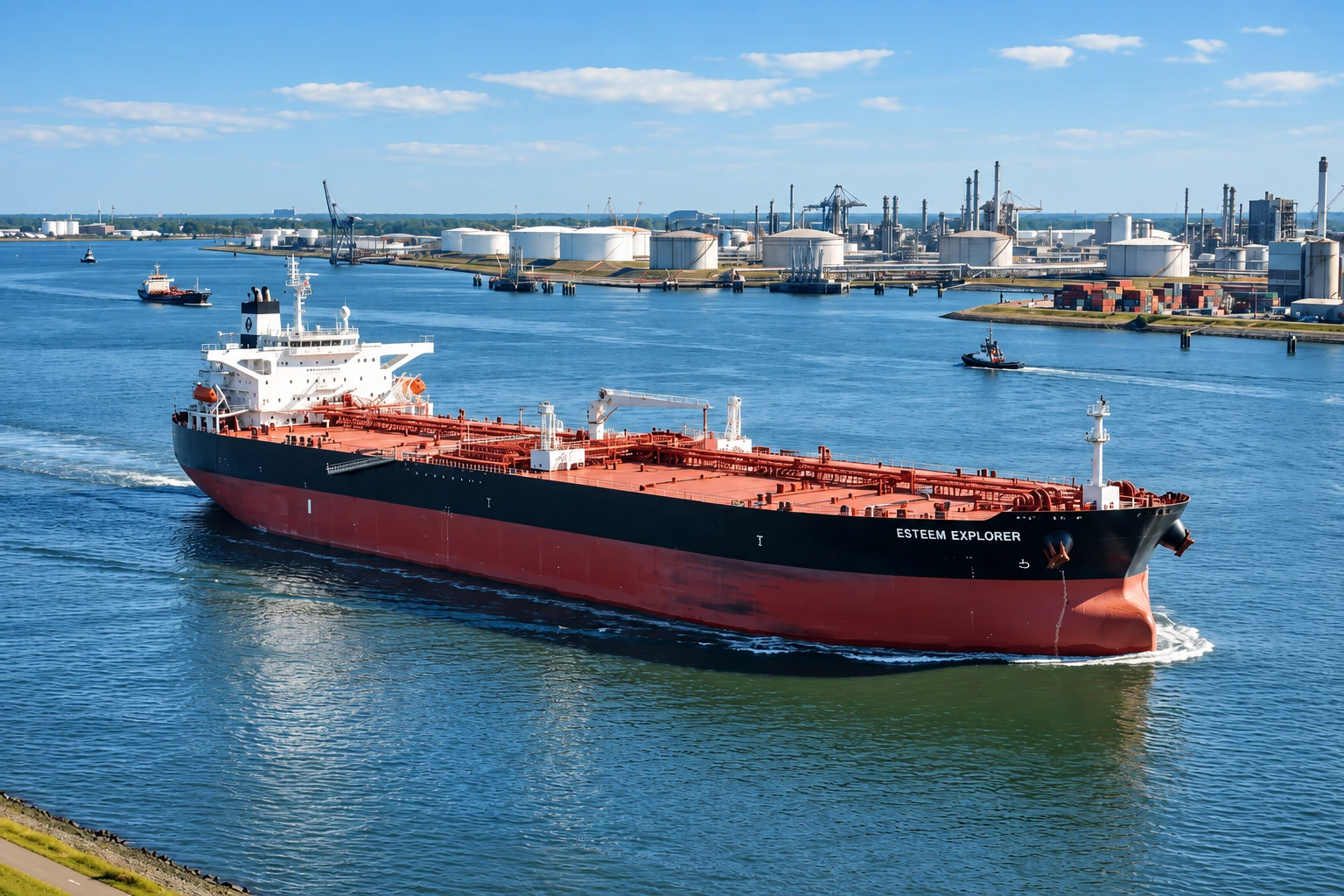 Superpetrolero Esteem Explorer navegando frente a una terminal petrolera, ejemplo del encarecimiento del transporte de petróleo y los fletes marítimos.