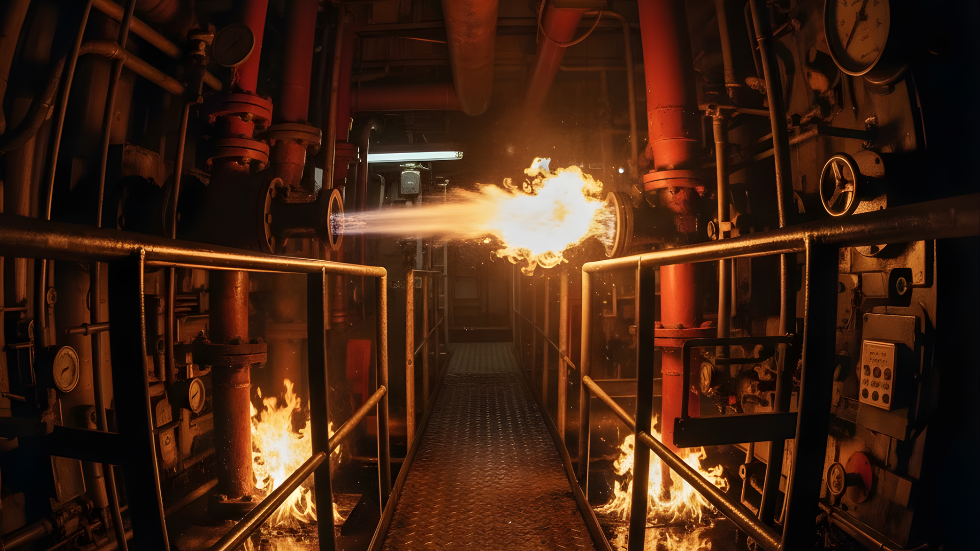 Representación técnica de la teoría del fuego con un incendio en sala de máquinas con efecto de llama directa y propagación térmica, ilustrando la teoría del fuego en el sector naval.