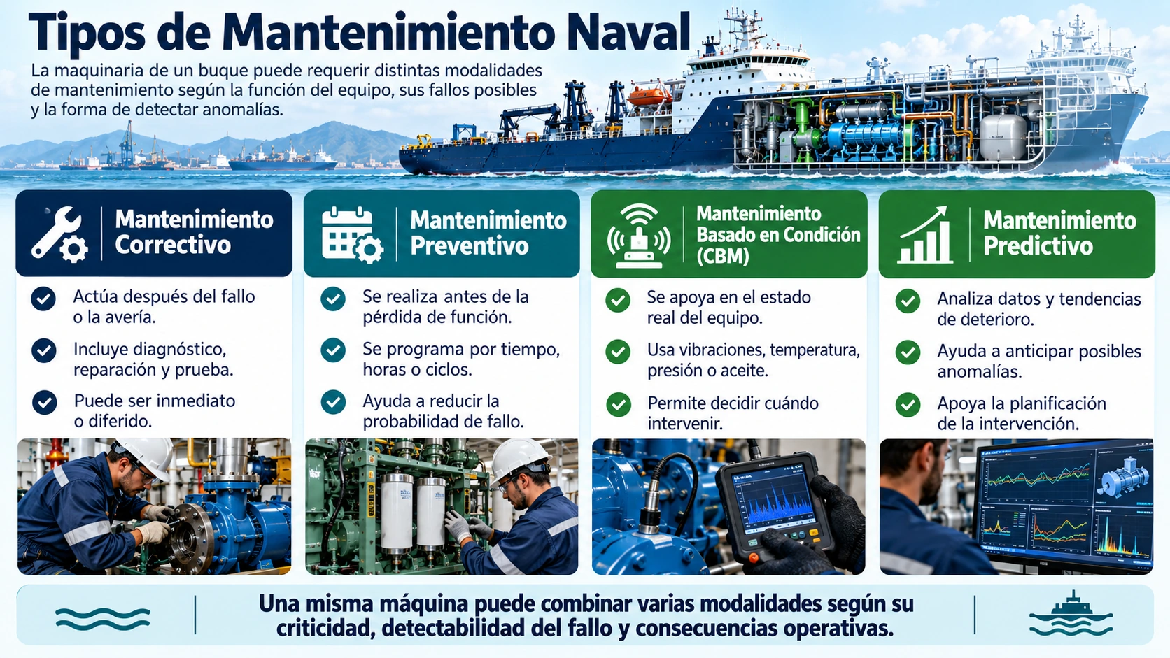 Mantenimiento Naval: Guía Completa del Mantenimiento del Buque 5 Infografía de los tipos de mantenimiento naval: correctivo, preventivo, basado en condición (CBM) y predictivo, con sus características y aplicaciones en buques.