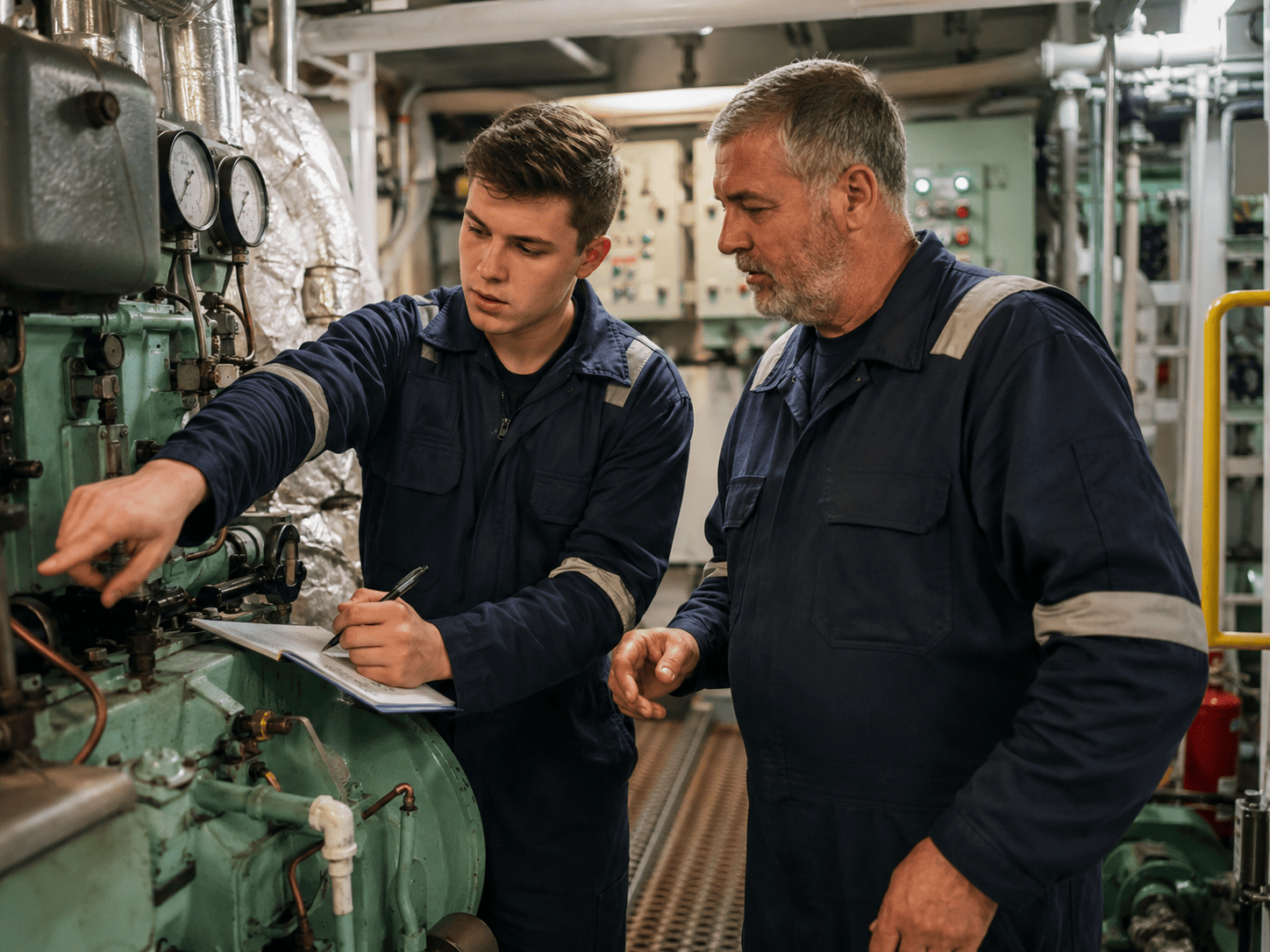 Nuevo marino tomando notas y se&ntilde;alando una m&aacute;quina bajo la supervisi&oacute;n de un oficial durante su primer embarque.