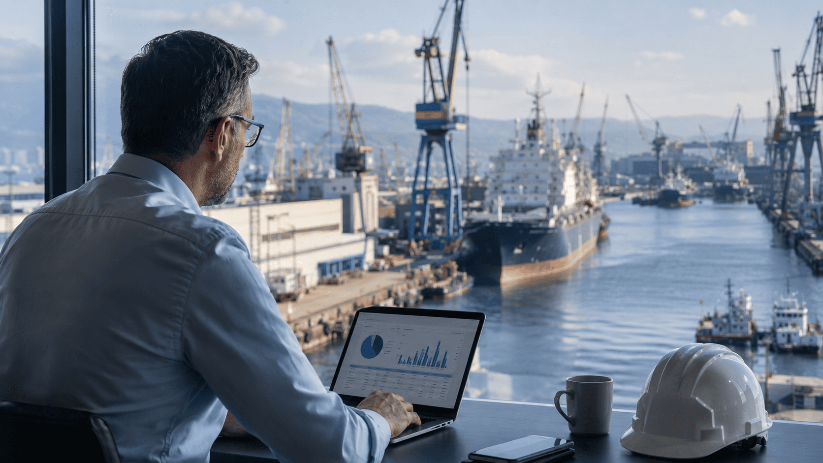Cómo Mejorar la Visibilidad de una Empresa Naval 7 Profesional del sector naval analizando la visibilidad de una empresa marítima con un puerto y buques al fondo